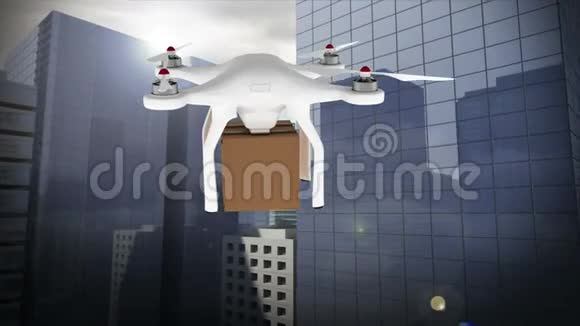 一架无人驾驶飞机与一个包裹对城市景观的动画视频的预览图