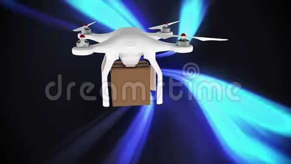 一架带有包裹的无人机用蓝色灯光在黑色背景上飞行视频的预览图