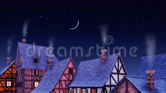 夜晚从烟囱冒出烟的农村房屋屋顶视频的预览图
