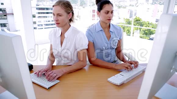 在同一张桌子上用电脑工作的女商人视频的预览图
