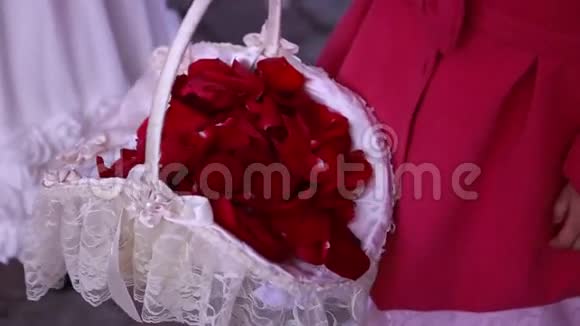 女孩拿着一个白色的篮子上面有红色的玫瑰花瓣视频的预览图