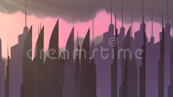 卡通动画背景与运动云和建筑抽象城市景观背景视频的预览图