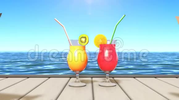 两杯热带饮料和两张海边躺椅视频的预览图