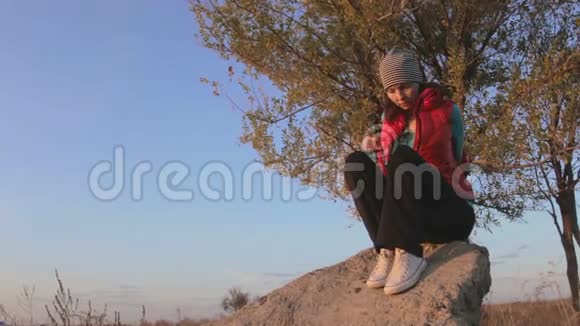 坐在岩石上看着草原日落的女孩视频的预览图