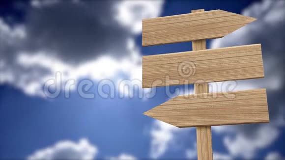 在天空云层和太阳光的动画背景上的木制标志指针相机从左到右移动视频的预览图