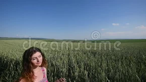 年轻女子站在麦田里背景是蓝天视频的预览图