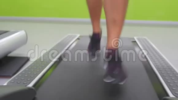 女性腿在健身房的跑步机上慢跑和跑步年轻女性在有氧运动中锻炼女孩的脚视频的预览图