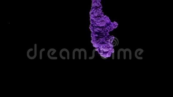 五颜六色的紫罗兰色墨水从上面的水中混合在黑色背景下轻轻旋转复制空间视频的预览图
