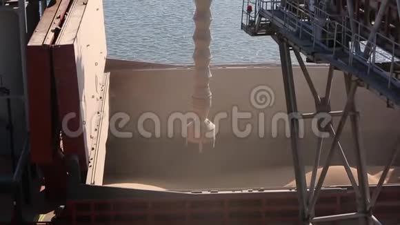 船舶装载谷物作物在散装货轮通过干线打开货舱在筒仓码头海港的密切全景视频的预览图