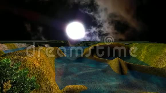 D3夜空下小湖月升起的动画景观视频的预览图