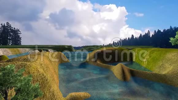 森林湖泊和轻雪坠落的三维动画景观视频的预览图