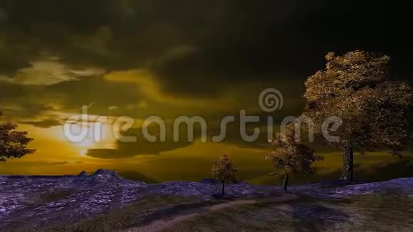 3D山上暴风雨日落的动画景观视频的预览图
