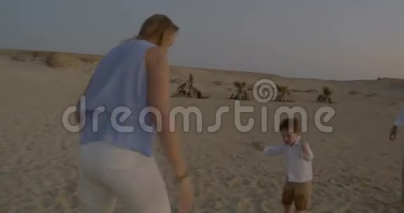 日落时与孩子在海滩上积极游戏视频的预览图