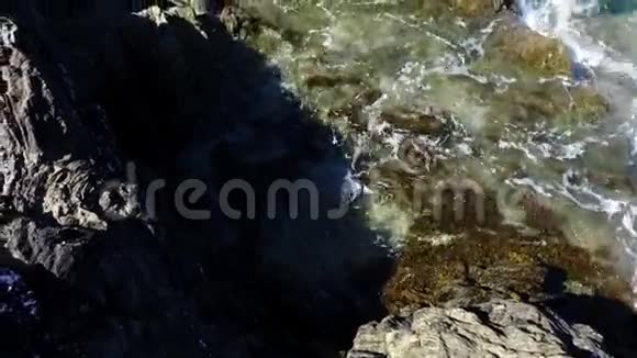 波浪在海草覆盖的岩石上破碎潮水涌来视频的预览图