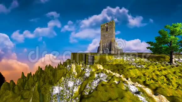 3D动画山地教堂景观云动视频的预览图