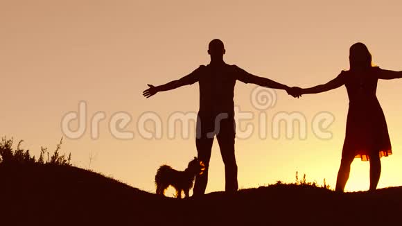 情侣在夕阳下翩翩起舞亲吻爱犬男女舞姿剪影慢动作视频的预览图