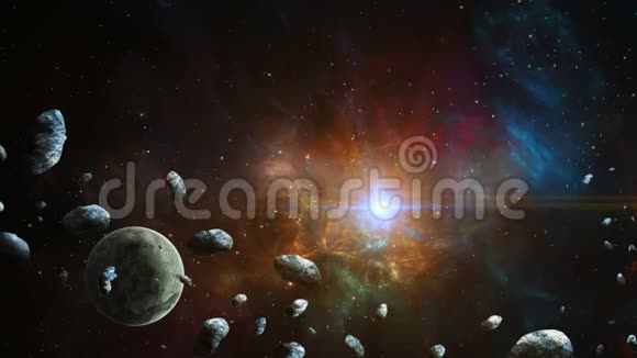 太空场景有小行星和彩色分形星云的行星美国宇航局提供的元件三维渲染视频的预览图