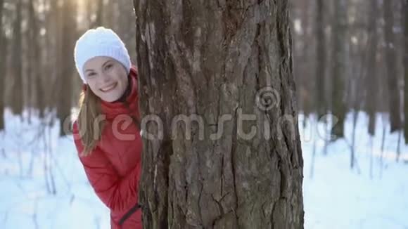 美丽的年轻女子在冬季公园玩雪球玩得开心微笑慢动作录像视频的预览图