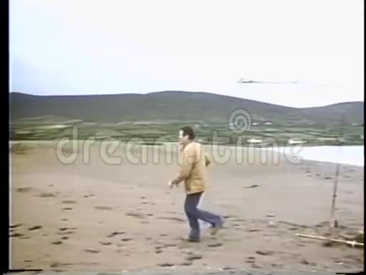 后景男子站在沙滩上观看吸烟飞机失事视频的预览图