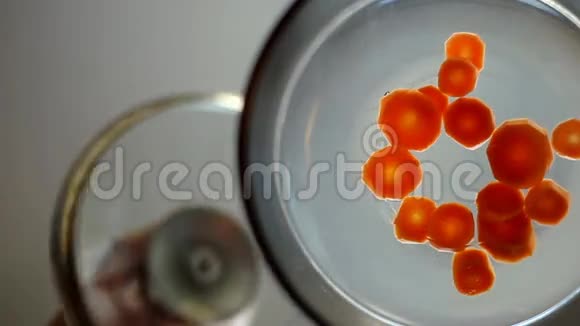 在玻璃锅里加胡萝卜和草药的汤特写视频的预览图