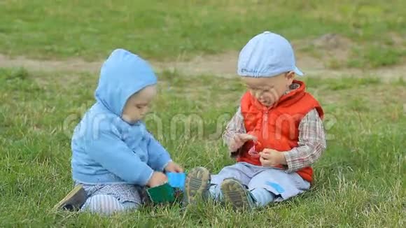 两个男孩在公园的草坪上玩耍视频的预览图