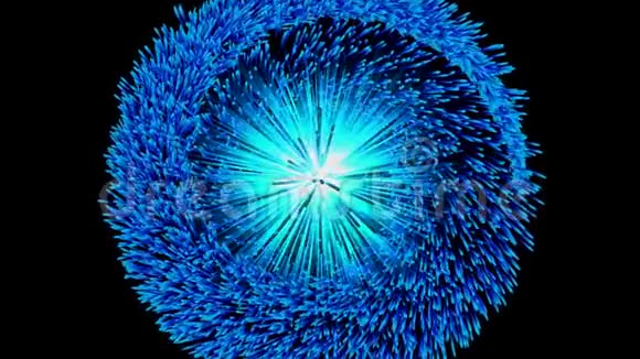 蓝色发光的抽象旋转球体有明亮美丽的螺旋运动在黑色上扩散粒子视频的预览图