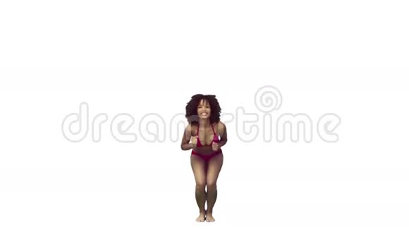 穿红色比基尼的女人慢动作跳跃视频的预览图