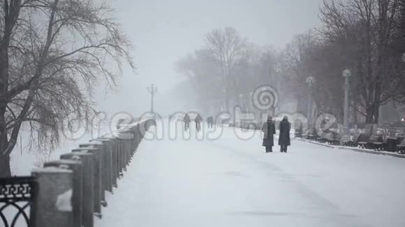 冬天人们沿着河边散步视频的预览图