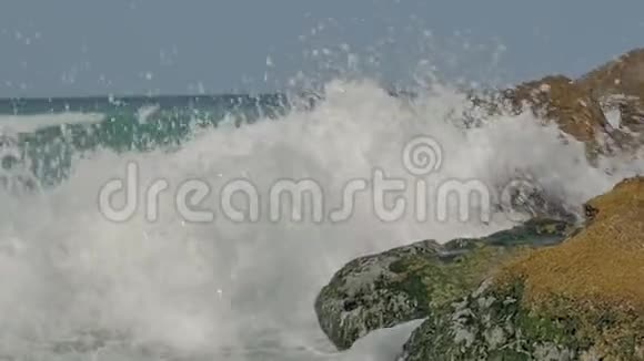 海边是沙质的海岸岩石上有浪花飞溅视频的预览图