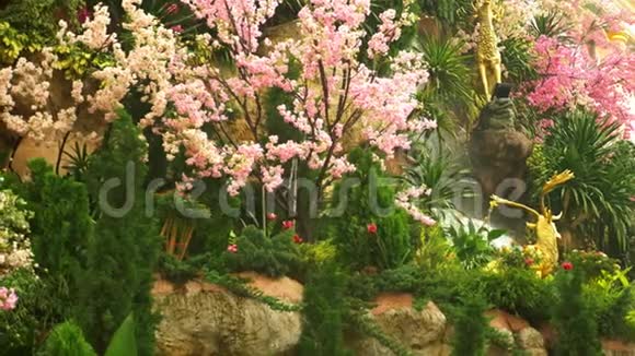 由粉红色的花和绿色的叶子组成的大型人工瀑布视频的预览图