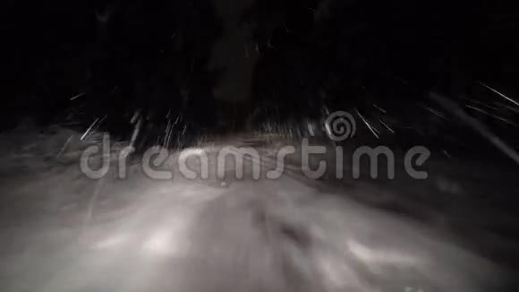 夜里在雪道上驱车穿过冬林视频的预览图