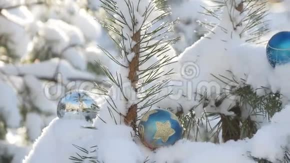 雪覆盖的冷杉树枝上的圣诞球视频的预览图