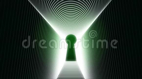 在黑色背景下形成隧道的霓虹灯钥匙孔图标的抽象动画动画准入概念视频的预览图