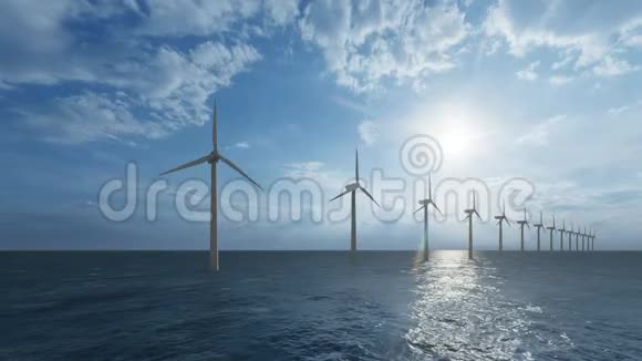 海洋中一排大型风力发电机视频的预览图