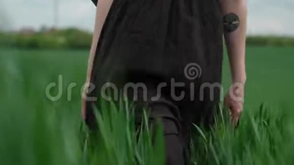 穿着黑色衣服的女孩经过田野视频的预览图