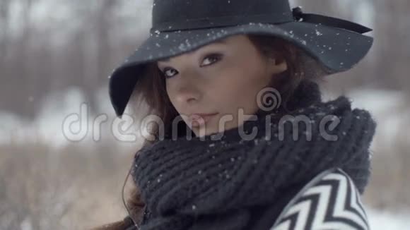 年轻漂亮的模特在冬天的风景上摆姿势视频的预览图