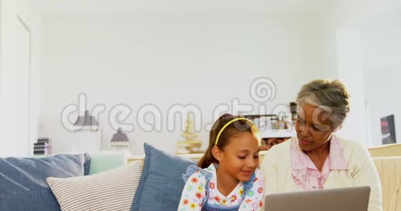 祖母和孙女在4k客厅用笔记本电脑视频的预览图