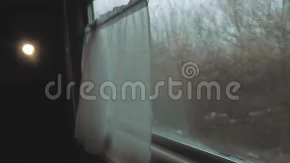 概念旅程铁路列车乘火车下雨俄罗斯的冬季森林树木从铁路视野的内部视频的预览图