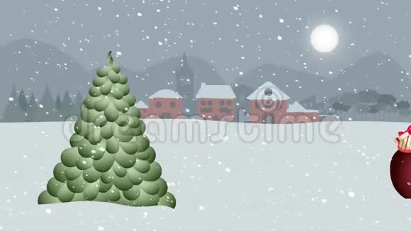 在这个美丽的雪夜的风景中我们友好的圣诞老人来填补礼物树和圣诞星视频的预览图