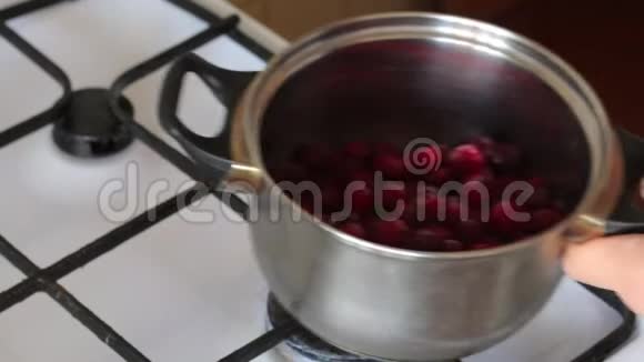 一个人把一勺冰冻的蔓越莓拌在平底锅里为棉花糖准备土豆泥视频的预览图