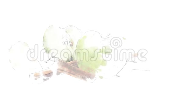 水彩外观动画的肉桂和绿色苹果在阿尔法频道视频的预览图