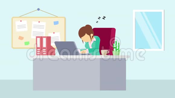 在办公室工作的女商人又累又睡卡通动画的商业概念平面循环动画视频的预览图