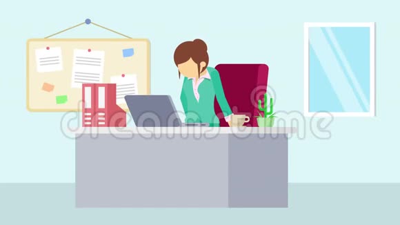 在办公室工作的女商人感受快乐卡通动画的商业概念平面循环动画视频的预览图