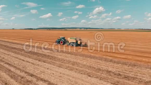 空中视野飞越麦田联合收割机拖拉机和拖车在夏日生产成堆的小麦视频的预览图