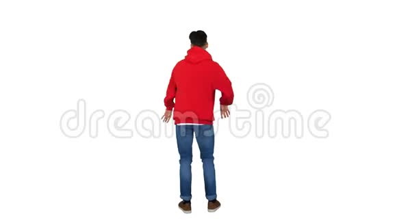 偶然的人在白色背景上穿着红色的帽衫跳舞视频的预览图