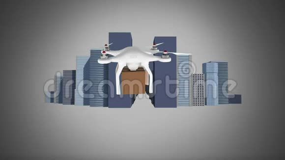 无人机拿着包裹在城里旅行视频的预览图