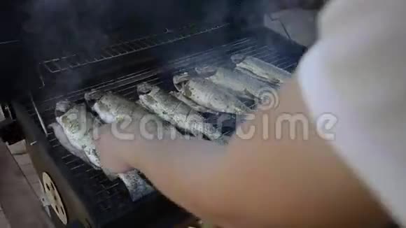 年轻人在花园里的篦子上烤全鱼在夏天的烧烤架上用烤好的烤焦油烤了新鲜的汤视频的预览图