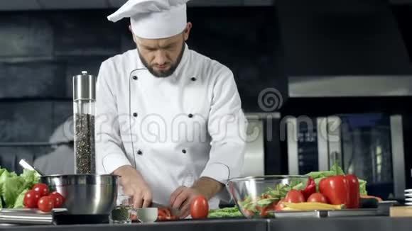 厨师在餐厅厨房做饭专业厨师准备健康食品视频的预览图