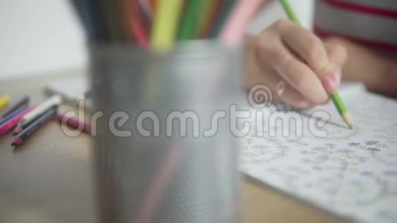 一个女人手拿铅笔画画和着色书的彩色视频放松和集中的活动视频的预览图