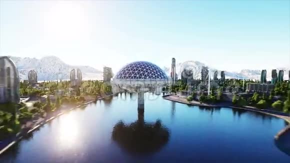 未来派城市城镇未来的建筑空中观景超级逼真的4k动画视频的预览图